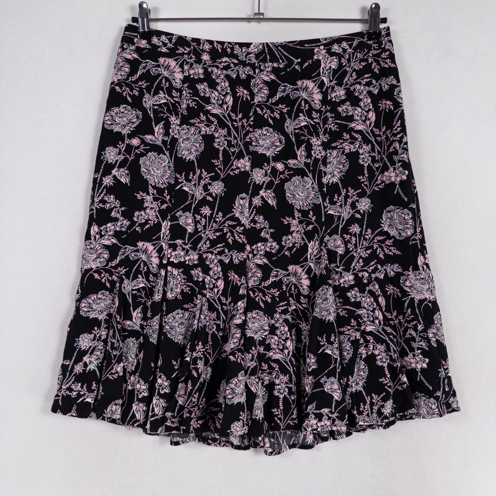 Talbots Skirt Womens 12 PETITE Black Pink Floral Flare Lined Business Casual